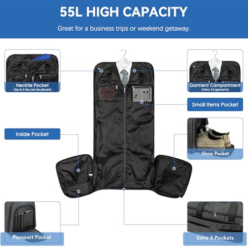Bukere Garment Duffle Bags for Travel, Bukere Convertible Carry on Garment Duffel Bag for Men Women, Shoe Compartment, 2 in 1 Hanging Dress Suitcase Suit Travel Bags, Midnight Grey - Image 4