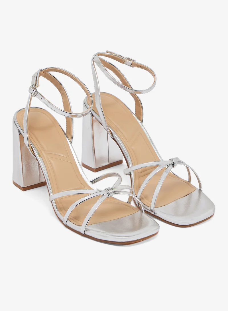 Truffle Silver pu High Block Heel Strap Detail Sandals for Women | Best Price UAE
