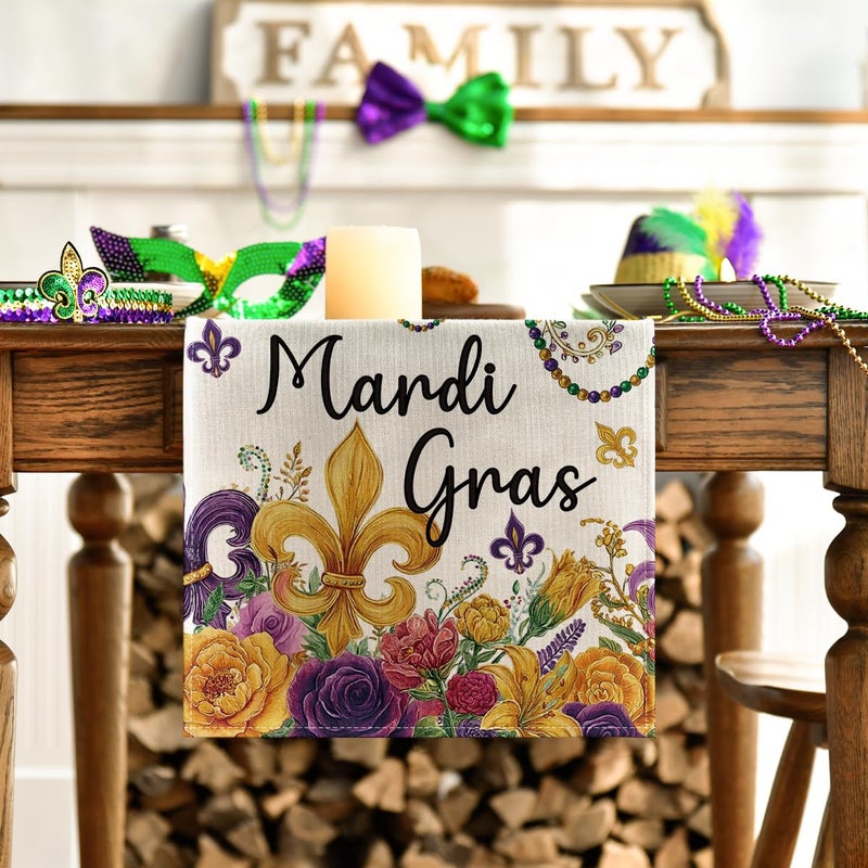 Artoid Mode Floral Bead Iris Mardi Gras Table Runner, Seasonal Carnival Kitchen Dining Table Decoration for Home Party Decor 13x72 Inch - Image 3