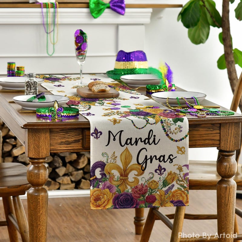 Artoid Mode Floral Bead Iris Mardi Gras Table Runner, Seasonal Carnival Kitchen Dining Table Decoration for Home Party Decor 13x72 Inch - Image 2