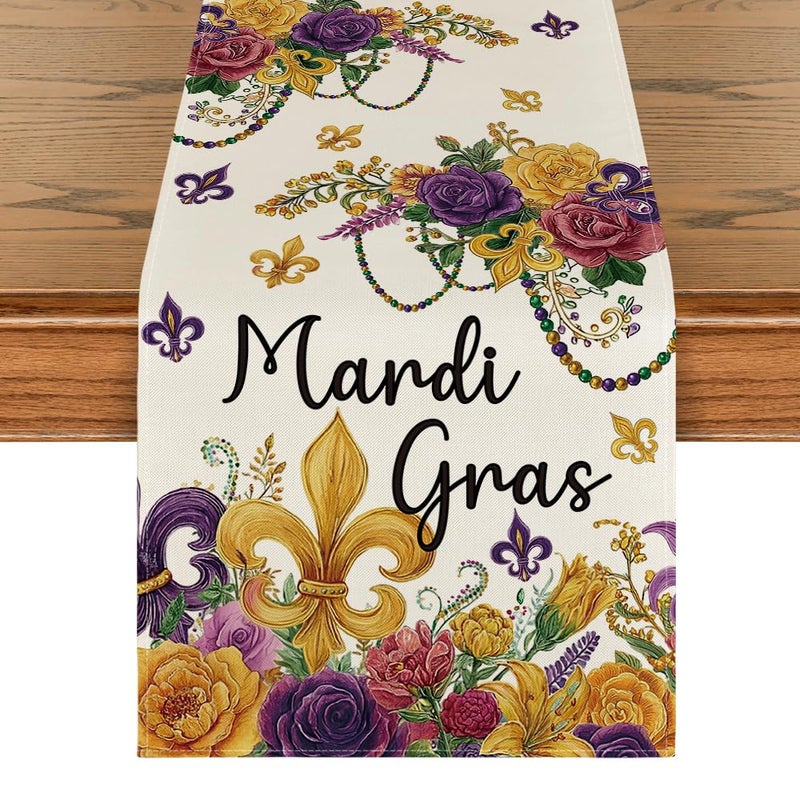 Artoid Mode Floral Bead Iris Mardi Gras Table Runner, Seasonal Carnival Kitchen Dining Table Decoration for Home Party Decor 13x72 Inch - Image 1