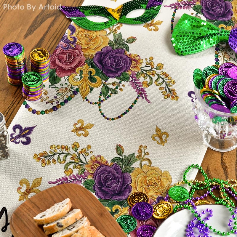 Artoid Mode Floral Bead Iris Mardi Gras Table Runner, Seasonal Carnival Kitchen Dining Table Decoration for Home Party Decor 13x72 Inch - Image 4