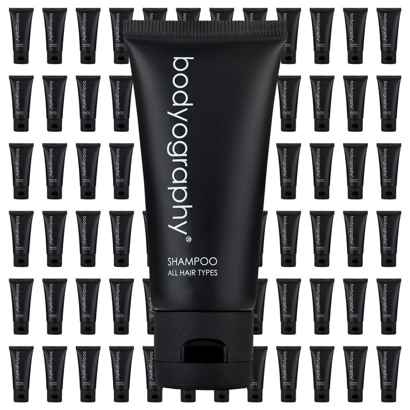World Amenities Bodyography Bulk Shampoo 50 Count 14oz Lavender Peppermint Mini Travel Size Toiletries 100 Recyclable Tube with Flip Top Cap Hotel Amenities Suitable for All Hair Types