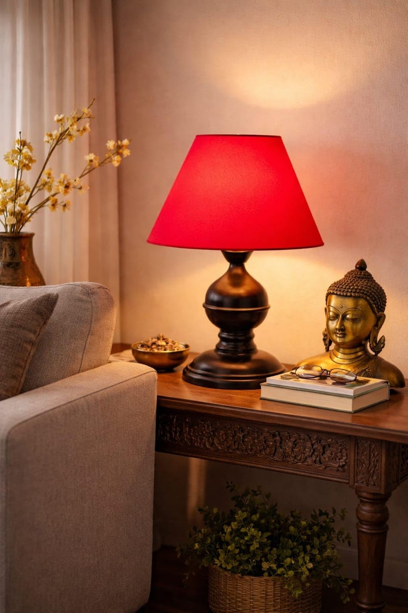 tu casa Metal Table Lamp Printed Red Shades for Home Decor Modern Bedside & Study Lamp for Bedroom Living Room Fancy Portable Desk Light Housewarming & Festive Gift (10x10x10 in.) Bulb Not Inluded - Image 1