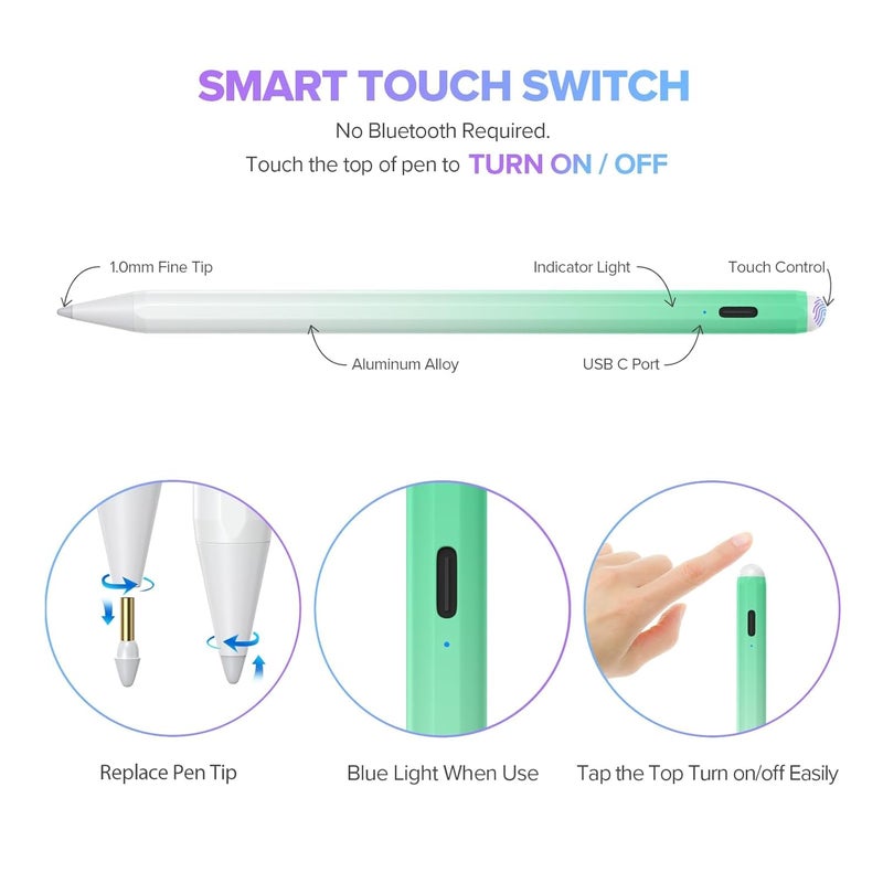 JAMJAKE قلم ستايلس لجهاز iPad الجيل 11 و10 - شحن سريع 2X قلم نشط متوافق مع 2018-2025 Apple iPad Pro 11"/12.9"/M4، iPad Air 3/4/5/M2/M3، iPad 6-11، iPad mini 5/6 الجيل - أبيض أخضر - Image 5