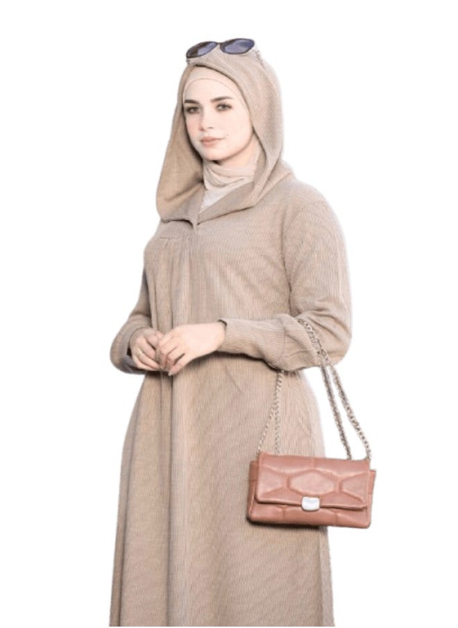 Generic - Kurdasa Abaya with a simple design and a cape - Beige color - Available in 2 sizes - Imported winter ribbed rib fabric - Image 1