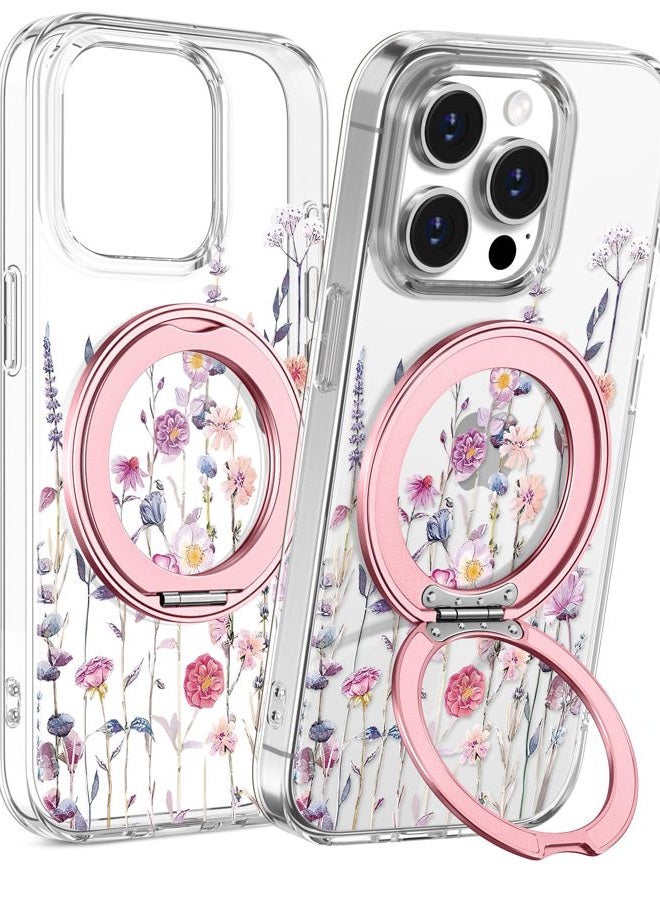 Loheckle for iPhone 15 Pro Case - Compatible with MagSafe Stand Women Girls Cute Clear Girly Aesthetic Kawaii Unique Design Soft TPU Protection Built-in Stand Cover for iPhone 15 Pro, Purple Flower - Image 1