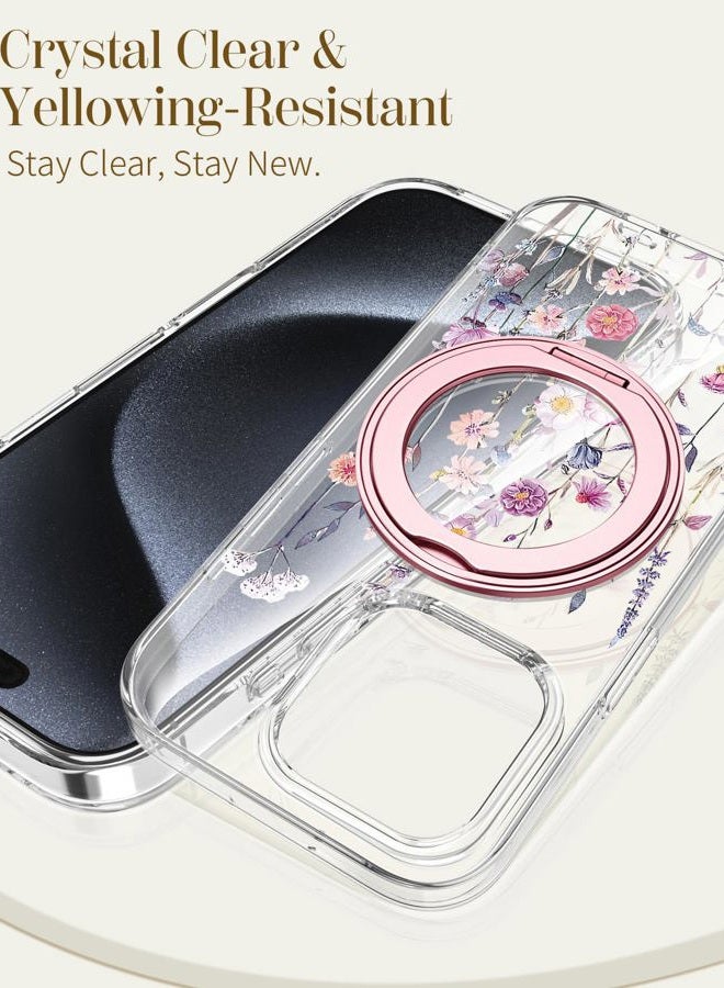 Loheckle for iPhone 15 Pro Case - Compatible with MagSafe Stand Women Girls Cute Clear Girly Aesthetic Kawaii Unique Design Soft TPU Protection Built-in Stand Cover for iPhone 15 Pro, Purple Flower - Image 5