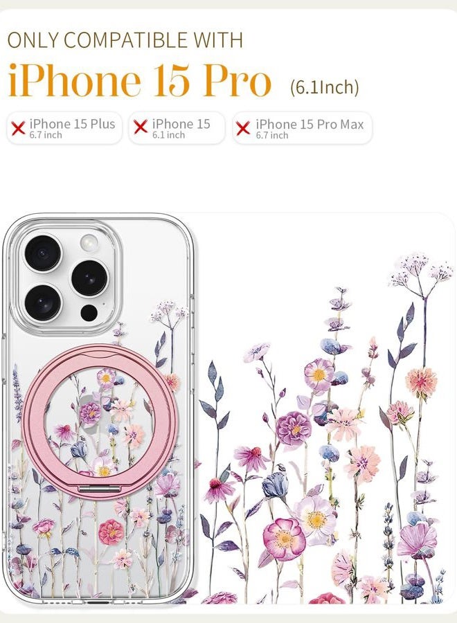 Loheckle for iPhone 15 Pro Case - Compatible with MagSafe Stand Women Girls Cute Clear Girly Aesthetic Kawaii Unique Design Soft TPU Protection Built-in Stand Cover for iPhone 15 Pro, Purple Flower - Image 2