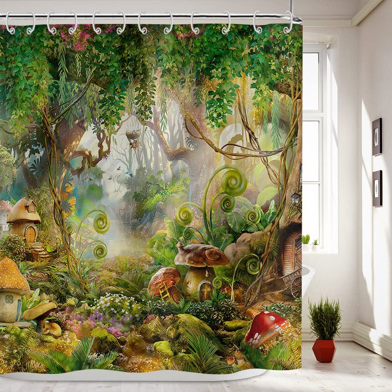 Yeele Spring Enchanted Forest Shower Curtain Fantasy Fairy Shower Curtains Mushroom Floral Shower Curtain for Bathroom Waterproof Cartoon Bath Curtain with Hooks72x72in