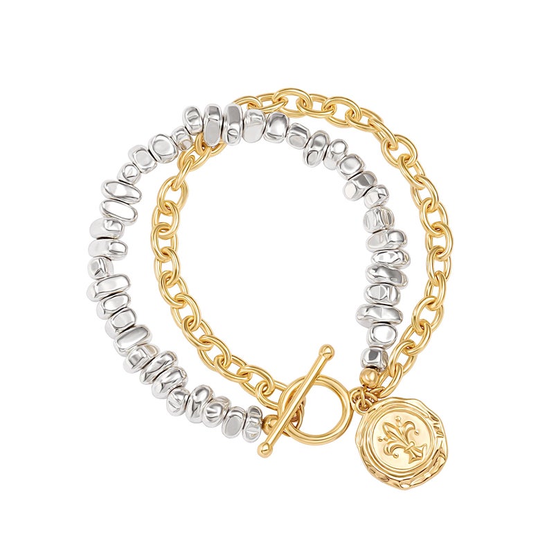 PEARLADA Two Tone Layered Bracelets for Women, Gold Plated and Silver Plated Mixed Metal Bracelet, Chunky Statement Coin Charm Bracelet with Toggle - Image 1