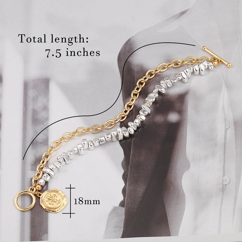 PEARLADA Two Tone Layered Bracelets for Women, Gold Plated and Silver Plated Mixed Metal Bracelet, Chunky Statement Coin Charm Bracelet with Toggle - Image 4