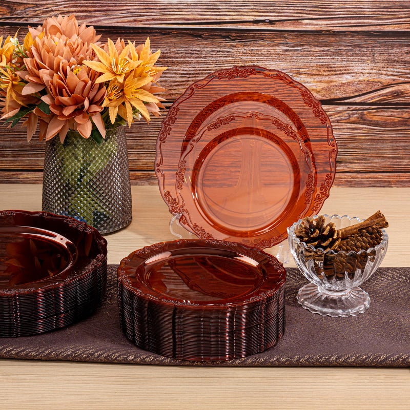 U-QE 100PCS Amber Plastic Plates - Clear Brown Plastic Plates Disposable Heavy Duty - Disposable Plates for Party Including 50PCS 10'' Dinner & 50PCS 7.5'' Dessert Plate - Image 4