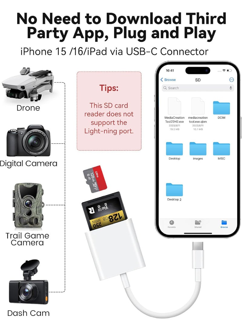 Rock Pow USB C SD Card Reader for iPhone 15/iPhone 16/iPad/MacBook/Mac xdgeLoad USB-C Type C SD Reader Supports SD and MicroSD Memory Card Adapter Trail Camera Viewer Plug and Play - 2 Slots  - Image 3