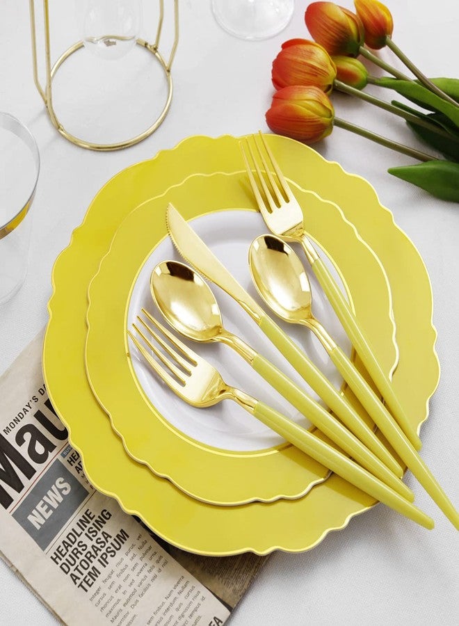 WDF 150pieces Yellow Disposable Dinnerware Hign-end Baroque Design - Sturdy&Durable Baroque Yellow Sunshine&Gold Plastic Dinnerware for Upscale Wedding/Birthday/Party - Image 4