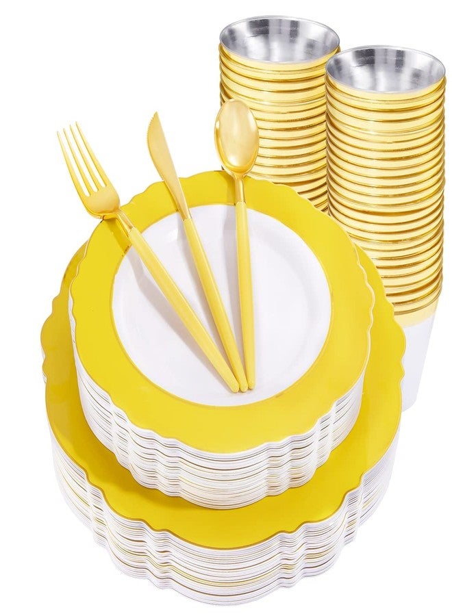 WDF 150pieces Yellow Disposable Dinnerware Hign-end Baroque Design - Sturdy&Durable Baroque Yellow Sunshine&Gold Plastic Dinnerware for Upscale Wedding/Birthday/Party - Image 1