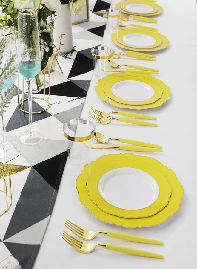 WDF 150pieces Yellow Disposable Dinnerware Hign-end Baroque Design - Sturdy&Durable Baroque Yellow Sunshine&Gold Plastic Dinnerware for Upscale Wedding/Birthday/Party - Image 5