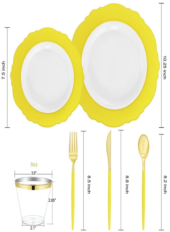 WDF 150pieces Yellow Disposable Dinnerware Hign-end Baroque Design - Sturdy&Durable Baroque Yellow Sunshine&Gold Plastic Dinnerware for Upscale Wedding/Birthday/Party - Image 2
