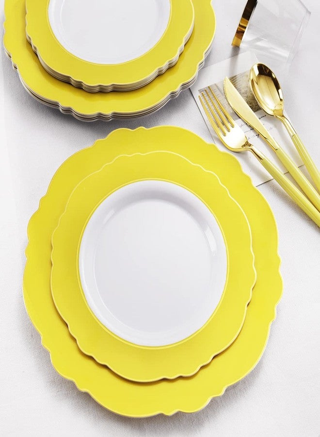 WDF 150pieces Yellow Disposable Dinnerware Hign-end Baroque Design - Sturdy&Durable Baroque Yellow Sunshine&Gold Plastic Dinnerware for Upscale Wedding/Birthday/Party - Image 3