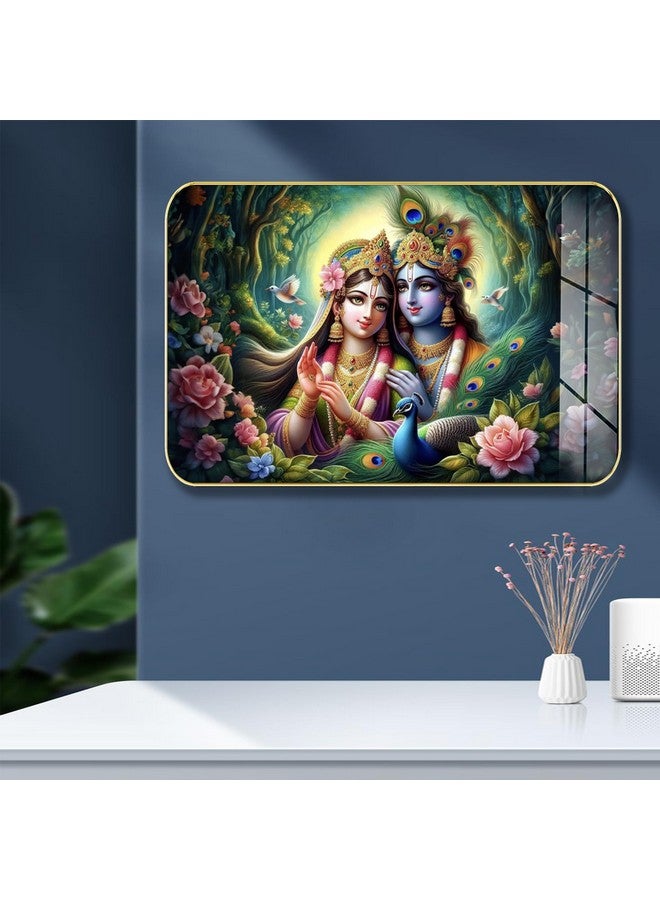Masstone Crystal Radha Krishna High Gloss Surface with Golden Slim Frame, 45x30 cm - Wall Art for Living Room, Bedroom, and Office Décor - Image 1