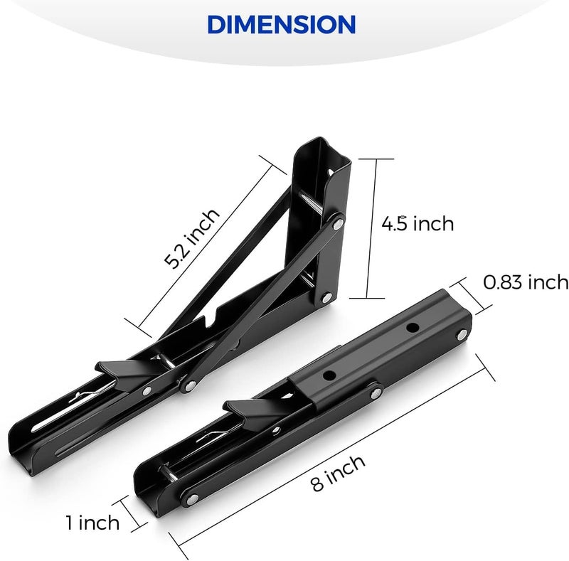 AAMATY Folding Shelf Brackets (8 Inch, 20 cm) Pack of 2 – Heavy Duty Metal Wall Mount Foldable Collapsible Shelf Support for Kitchen, Table, Workbench & Storage Shelves, Black - Image 2