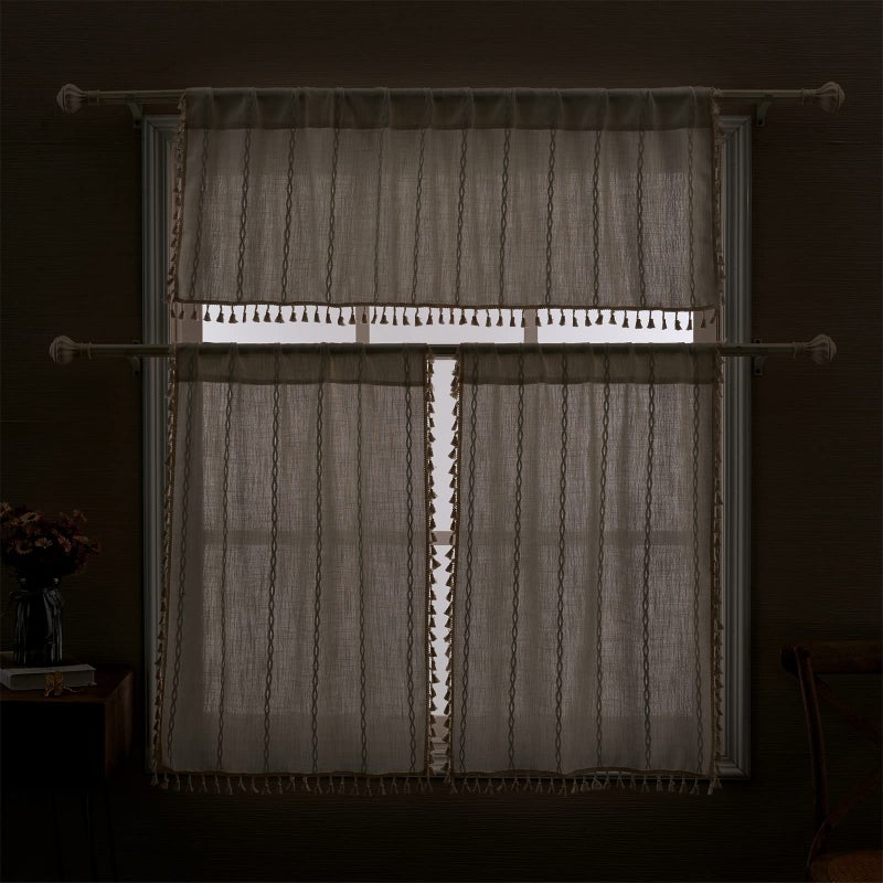 RoomTalks White Boho Farmhouse Kitchen Curtains 36 Inch Length French Striped Modern Vintage Chic Textured Tassel Short Cafe Curtains for Small Window Kitchen Bathroom Bohemian Decor - Image 3