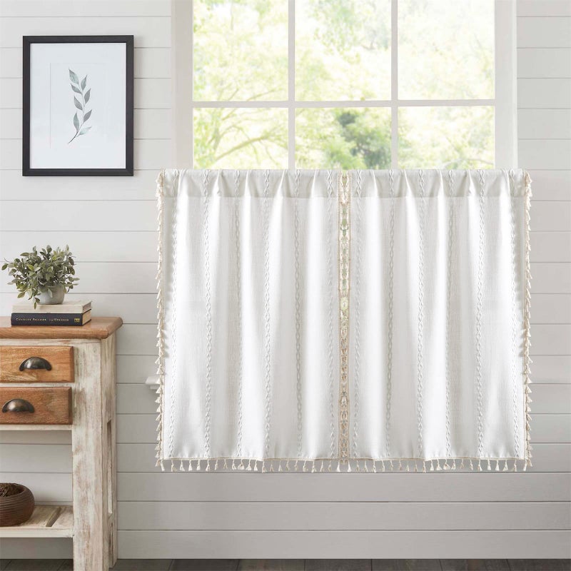 RoomTalks White Boho Farmhouse Kitchen Curtains 36 Inch Length French Striped Modern Vintage Chic Textured Tassel Short Cafe Curtains for Small Window Kitchen Bathroom Bohemian Decor - Image 1