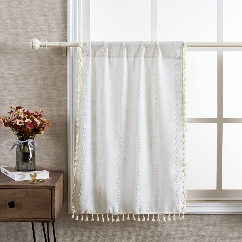 RoomTalks White Boho Farmhouse Kitchen Curtains 36 Inch Length French Striped Modern Vintage Chic Textured Tassel Short Cafe Curtains for Small Window Kitchen Bathroom Bohemian Decor - Image 2