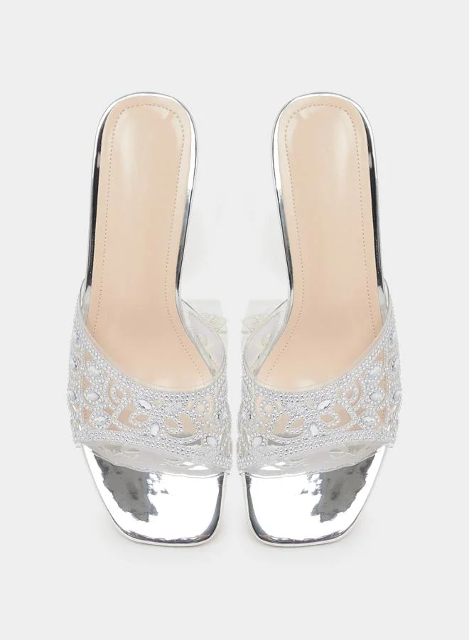 Take Two Silver Silver Cut-Out Rhinestone Block Heel Mules for Women | Best Price UAE