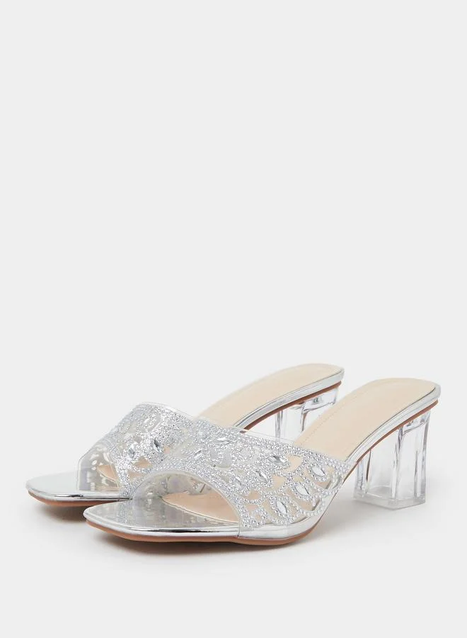 تايك تو Silver Cut-Out Rhinestone Block Heel Mules