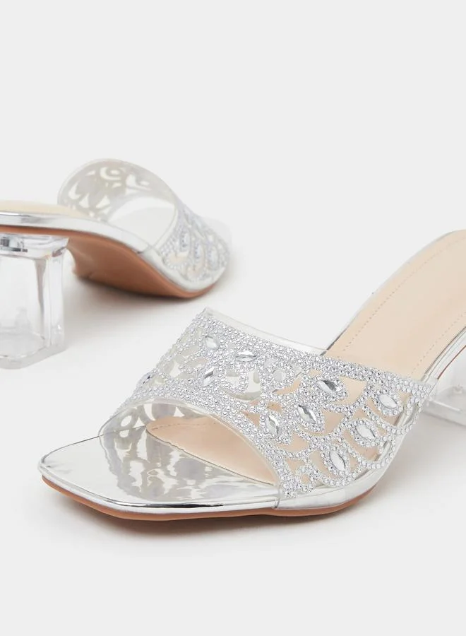 Take Two Silver Silver Cut-Out Rhinestone Block Heel Mules for Women | Best Price UAE