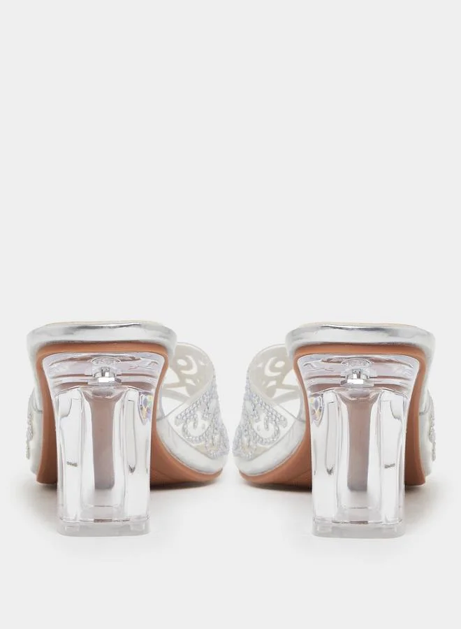 Take Two Silver Silver Cut-Out Rhinestone Block Heel Mules for Women | Best Price UAE
