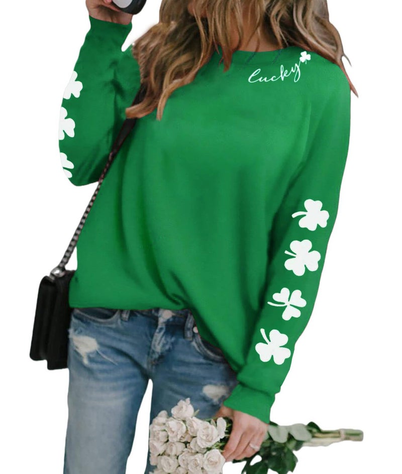 Huovud St. Patrickâ€™s Day Sweatshirts for Women, Lightweight Shamrock Clover Graphic Long Sleeve Casual Irish Loose Fit Pullover Top (Green, Medium) - Image 1