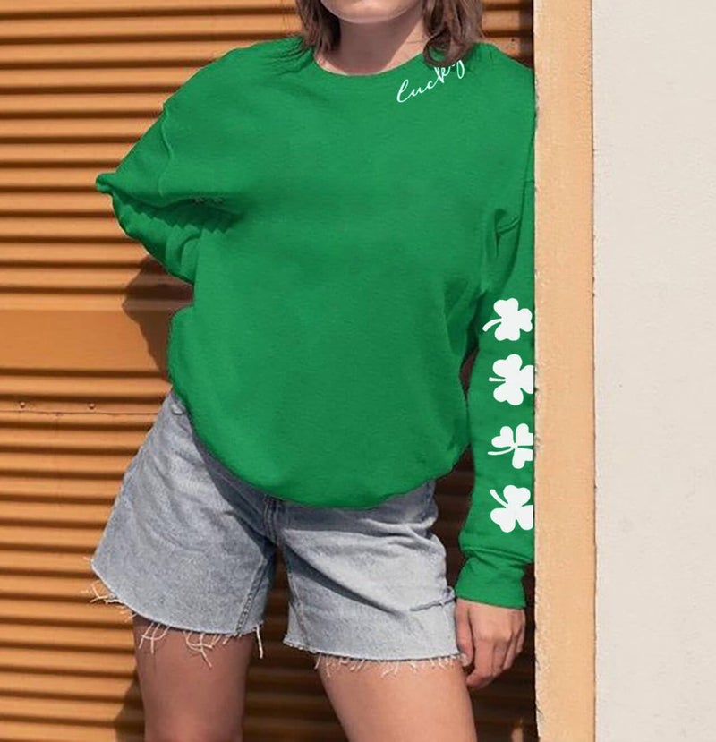 Huovud St. Patrickâ€™s Day Sweatshirts for Women, Lightweight Shamrock Clover Graphic Long Sleeve Casual Irish Loose Fit Pullover Top (Green, Medium) - Image 3