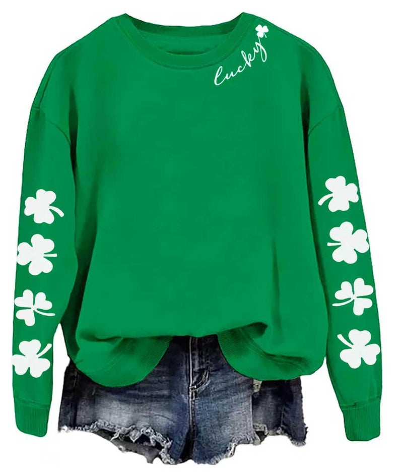 Huovud St. Patrickâ€™s Day Sweatshirts for Women, Lightweight Shamrock Clover Graphic Long Sleeve Casual Irish Loose Fit Pullover Top (Green, Medium) - Image 4