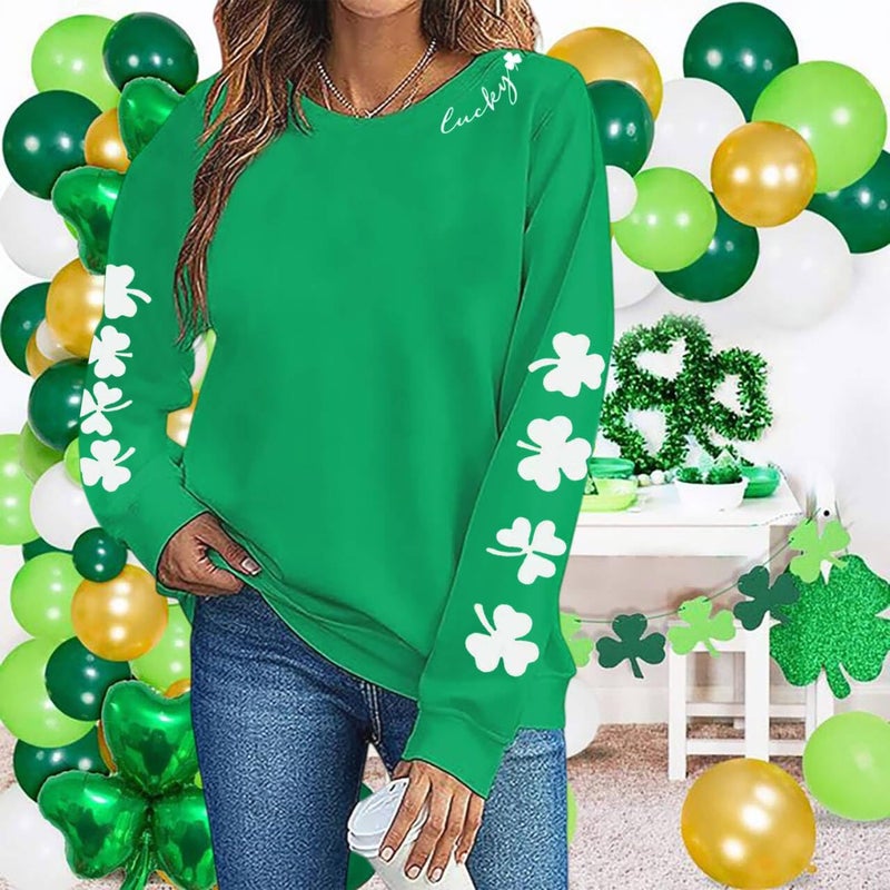 Huovud St. Patrickâ€™s Day Sweatshirts for Women, Lightweight Shamrock Clover Graphic Long Sleeve Casual Irish Loose Fit Pullover Top (Green, Medium) - Image 2