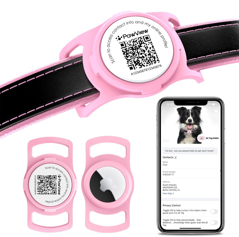 PawView حامل طوق الكلب PawView لجهاز AirTag، رمز QR ذكي لحامل AirTag للقطط والكلاب، لحالات حماية AirTag - تنبيه المسح، الموقع الفوري، ملف تعريف الحيوان الأليف على الإنترنت، معلومات الاتصال (1 عبوة، وردي) - Image 1