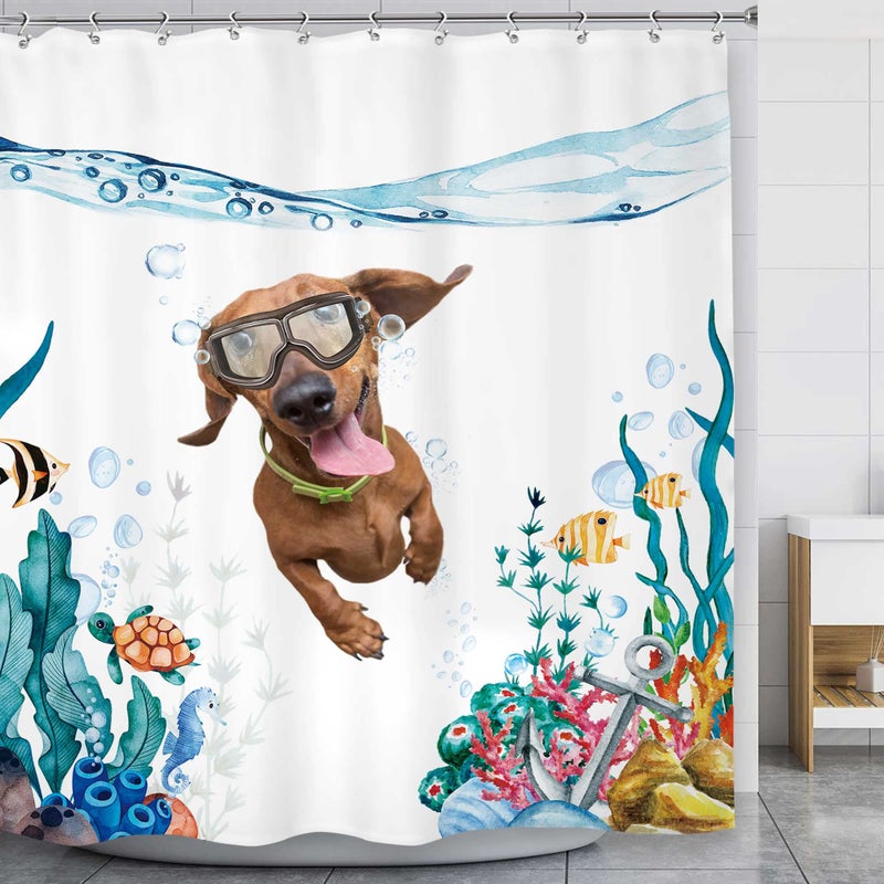 LGhtyro Kids Funny Dog Dachshund Shower Curtain Bathroom Set 71Wx71H Inches Sea Ocean Nautical Cute Animal Fish Turtle Anchor Coral Blue Underwater Bath Accessories Art Home Decor Fabric 12 Pack Hooks - Image 1