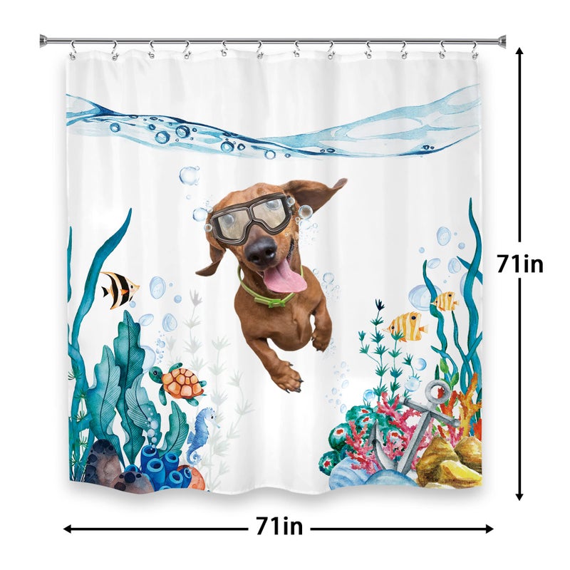 LGhtyro Kids Funny Dog Dachshund Shower Curtain Bathroom Set 71Wx71H Inches Sea Ocean Nautical Cute Animal Fish Turtle Anchor Coral Blue Underwater Bath Accessories Art Home Decor Fabric 12 Pack Hooks - Image 4