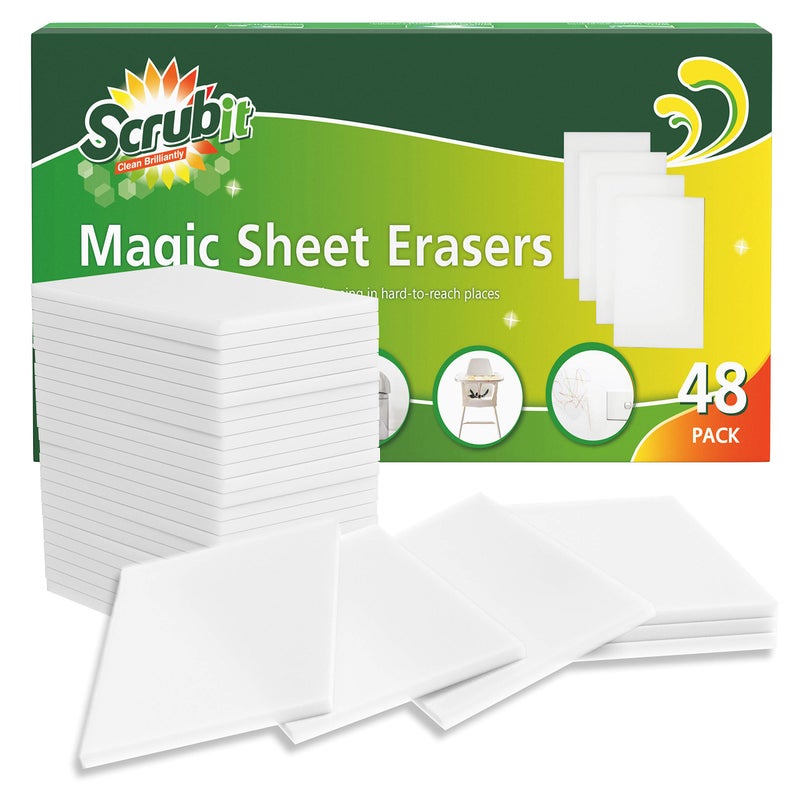 SCRUBIT Magic Sponge Eraser Sheets  48 Pack Disposable Magic Eraser Wipes  for Cleaning Dishes Shoes and Bathroom Shower  Sink  Melamine Sponges for Hard to Reach Spaces