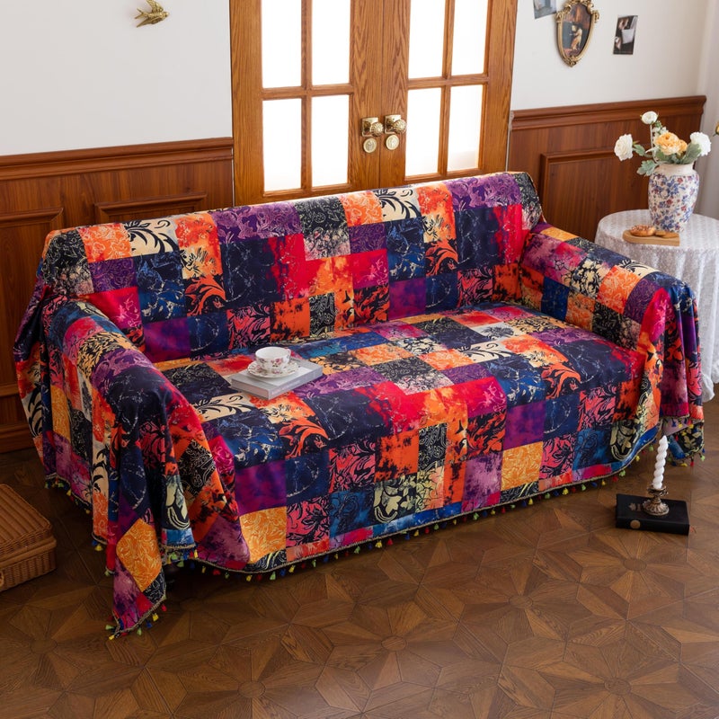 Erbnaryx Sofa Covers Printed Faux Patchwork Tassels Designe Washable for Sectional Couch 3 Cushion Living Room (71"x134") - Image 2