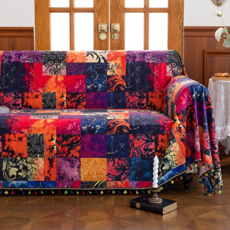Erbnaryx Sofa Covers Printed Faux Patchwork Tassels Designe Washable for Sectional Couch 3 Cushion Living Room (71"x134") - Image 1