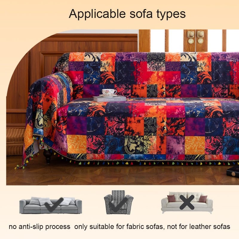 Erbnaryx Sofa Covers Printed Faux Patchwork Tassels Designe Washable for Sectional Couch 3 Cushion Living Room (71"x134") - Image 5