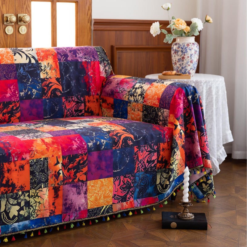 Erbnaryx Sofa Covers Printed Faux Patchwork Tassels Designe Washable for Sectional Couch 3 Cushion Living Room (71"x134") - Image 4
