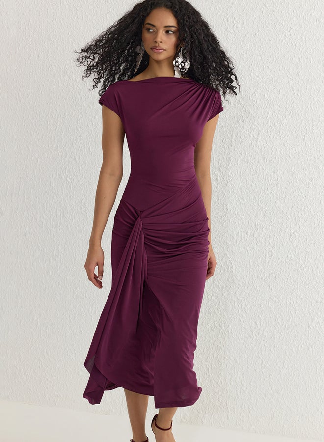 trendyol Plum Bodycon Adjustable Lace-Up Back Evening Prom Dress - Image 2