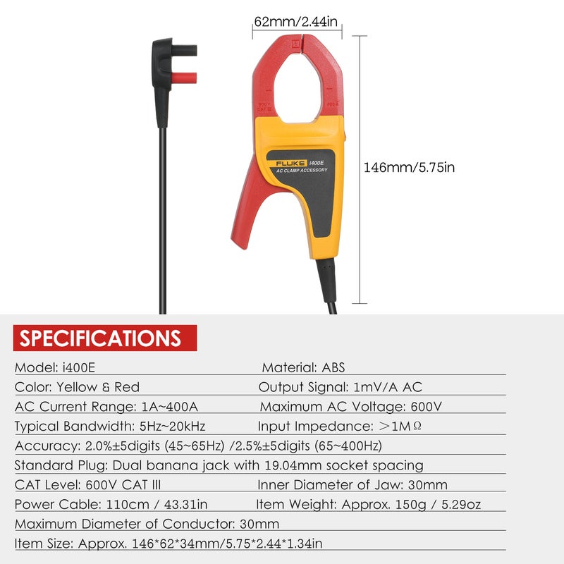 FLUKE i400E AC Current Clamp Meter with Dual Banana Jack 1A~400A AC Current Range 5Hz~20kHz Bandwidth - Image 4