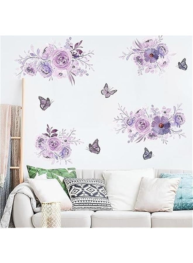Purple Flower Wall Stickers DIY Watercolor Flowers erfly Wall Decals Beautiful Floral Nature Plant Vinyl Removable Wall Decor Posters for Teens Girls Room Living Room - Image 1