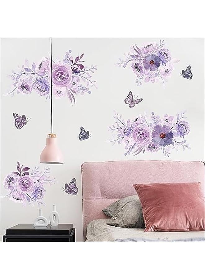 Purple Flower Wall Stickers DIY Watercolor Flowers erfly Wall Decals Beautiful Floral Nature Plant Vinyl Removable Wall Decor Posters for Teens Girls Room Living Room - Image 2