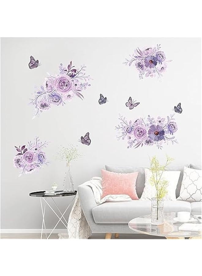 Purple Flower Wall Stickers DIY Watercolor Flowers erfly Wall Decals Beautiful Floral Nature Plant Vinyl Removable Wall Decor Posters for Teens Girls Room Living Room - Image 5