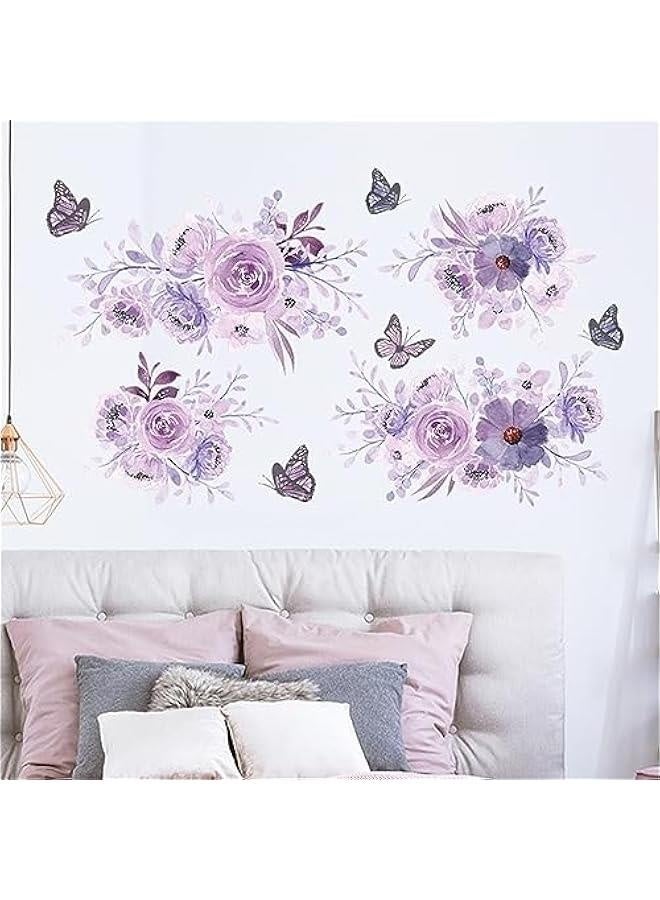 Purple Flower Wall Stickers DIY Watercolor Flowers erfly Wall Decals Beautiful Floral Nature Plant Vinyl Removable Wall Decor Posters for Teens Girls Room Living Room - Image 4